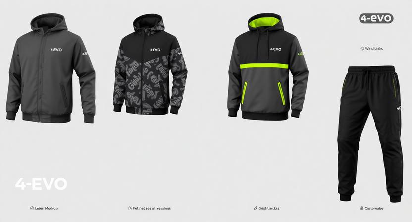 Grey and black 4-EVO softshell jackets with lime green details