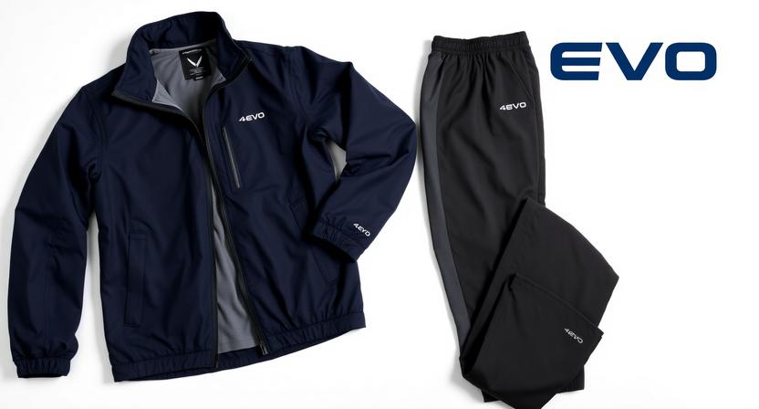4-EVO navy softshell jacket with grey lining and black two-tone joggers