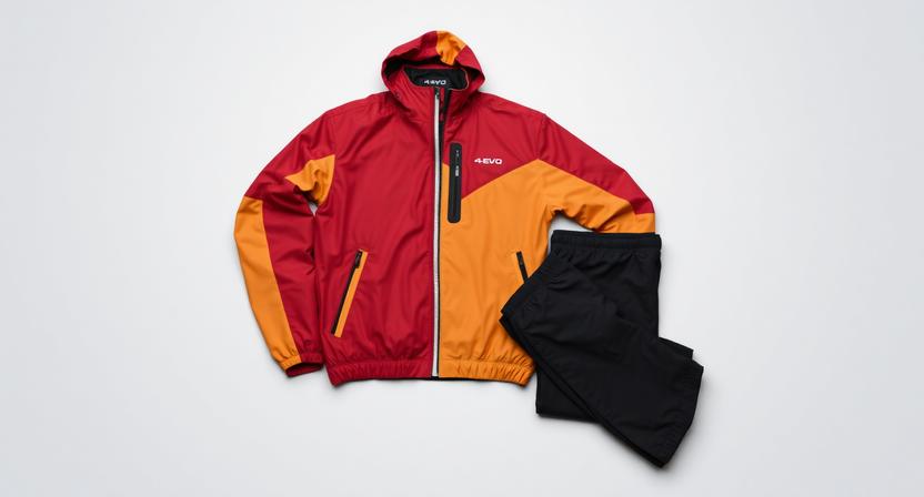 4-EVO red and orange hooded windbreaker with black shorts