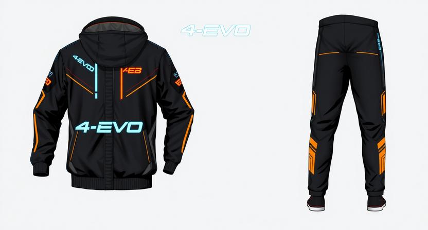 Black 4-EVO tech tracksuit with cyan and orange line graphics